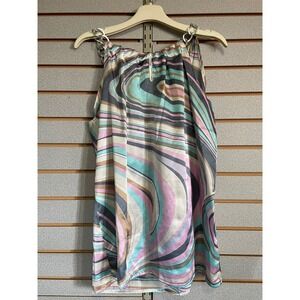 VTG‎ KAELYN MAX Women's L Abstract Print Halter Neck Chain Detail Tank Top Y2K
